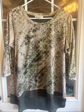 Christopher & Banks Olive Patterned Layered-Hem Long Sleeve Top